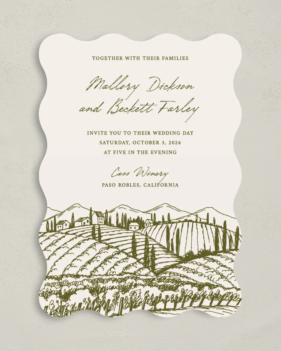 This is a 5" x 7" Wavy Wedding Invitation called Ivyhill printed in full color on Premium Smooth paper