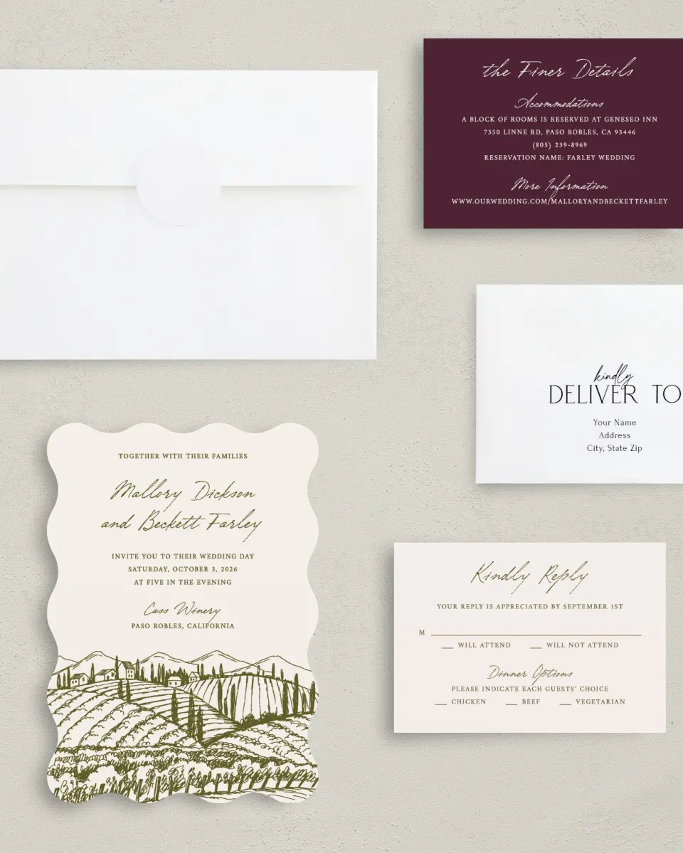 This is a 5" x 7" Wavy Wedding Invitation called Ivyhill printed in full color with Silver foil on Luxe Satin (coated) paper