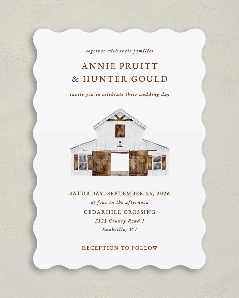This is a 5" x 7" Wavy Wedding Invitation called Cedarhill Crossing printed in full color on Premium Smooth paper