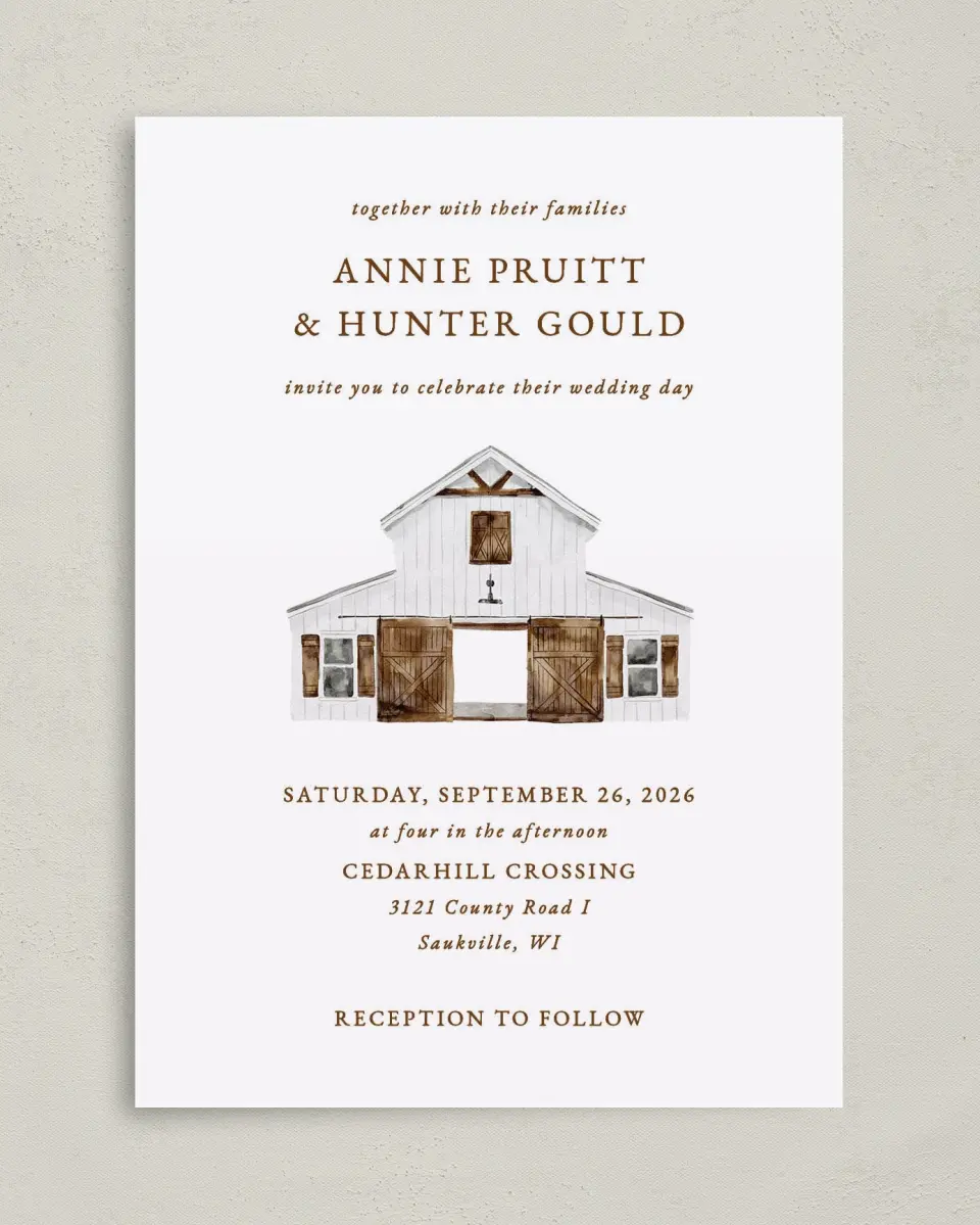 This is a 5" x 7" Classic Wedding Invitation called Cedarhill Crossing printed in full color on Premium Smooth paper