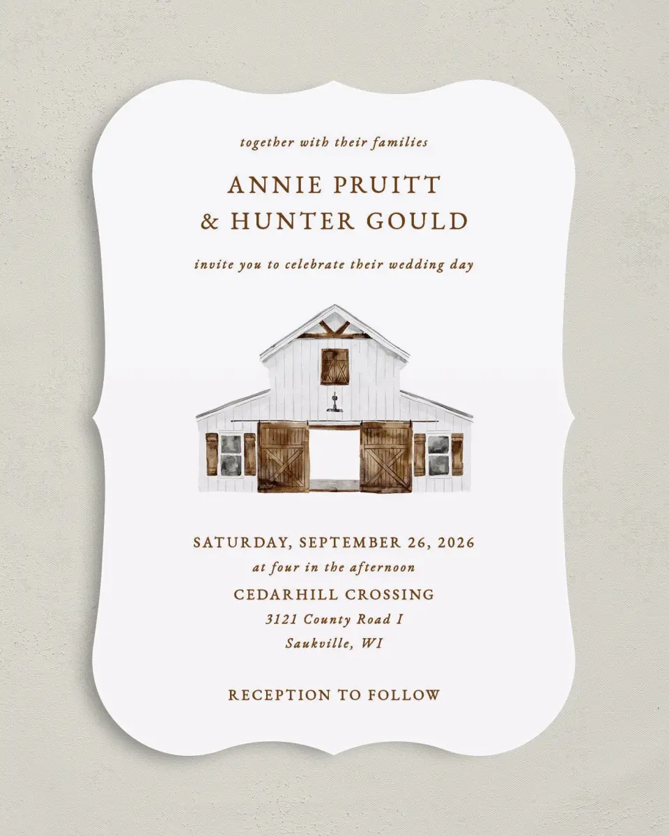 This is a 5" x 7" Bracket Wedding Invitation called Cedarhill Crossing printed in full color with Silver foil on Luxe Satin (coated) paper