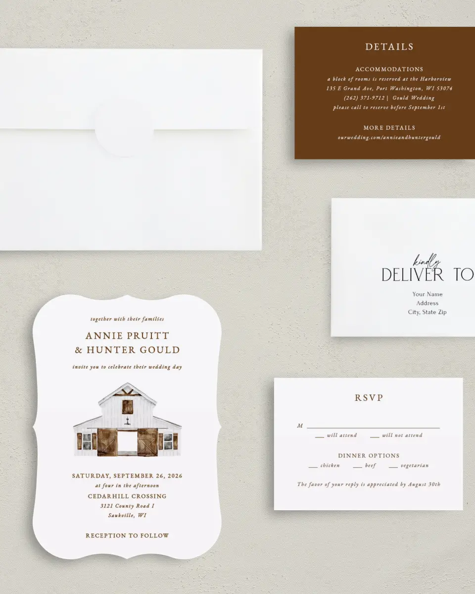 This is a 5" x 7" Bracket Wedding Invitation called Cedarhill Crossing printed in full color with Silver foil on Luxe Satin (coated) paper