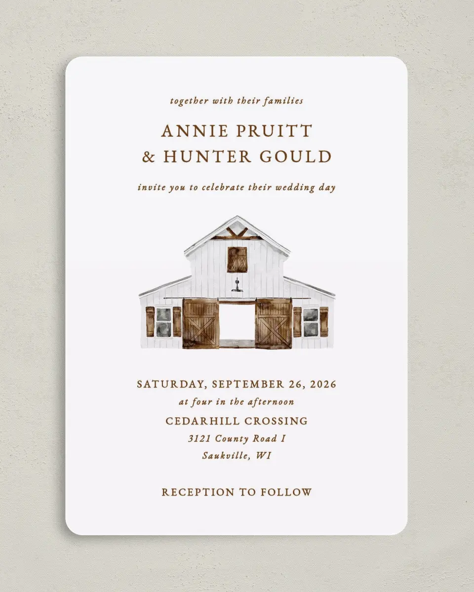 This is a 5" x 7" Rounded Wedding Invitation called Cedarhill Crossing printed in full color on Premium Smooth paper