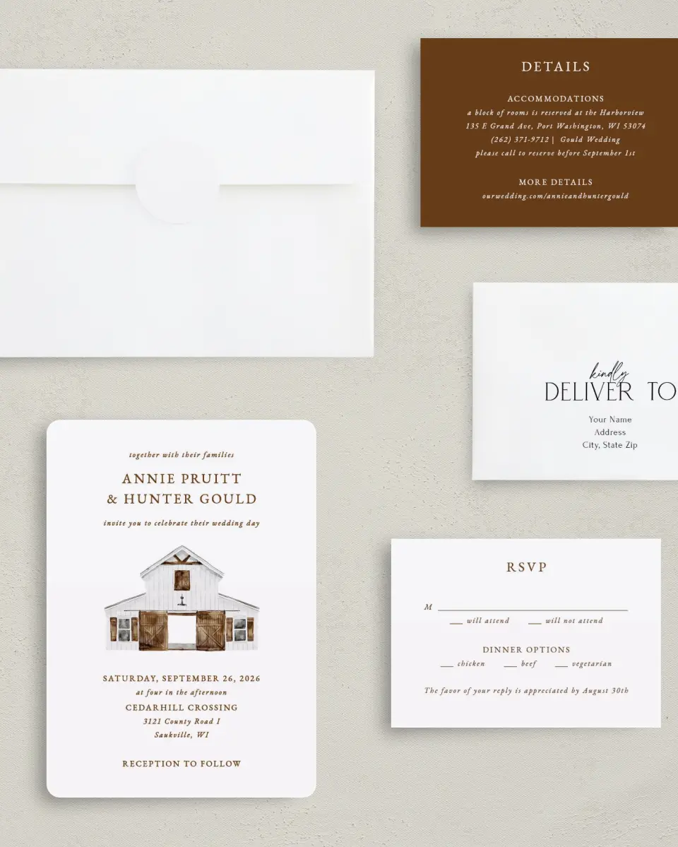 This is a 5" x 7" Rounded Wedding Invitation called Cedarhill Crossing printed in full color with Silver foil on Luxe Satin (coated) paper