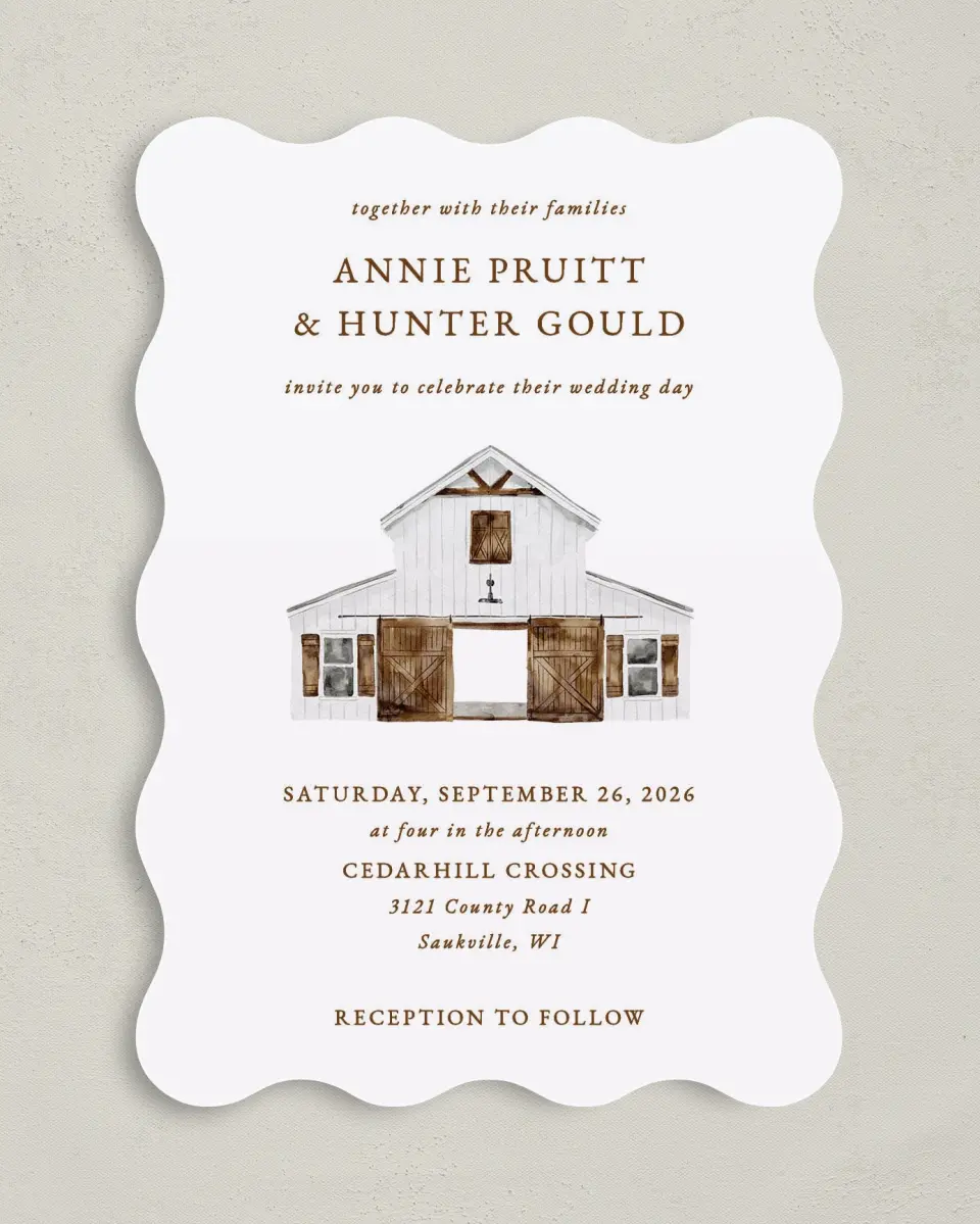 This is a 5" x 7" Wavy Wedding Invitation called Cedarhill Crossing printed in full color on Premium Smooth paper