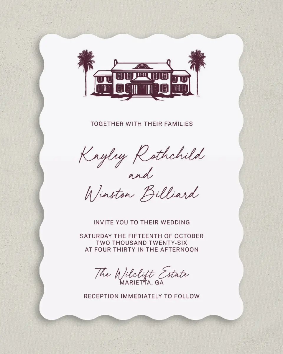 This is a 5" x 7" Wavy Wedding Invitation called The Wilclift printed in full color on Premium Smooth paper