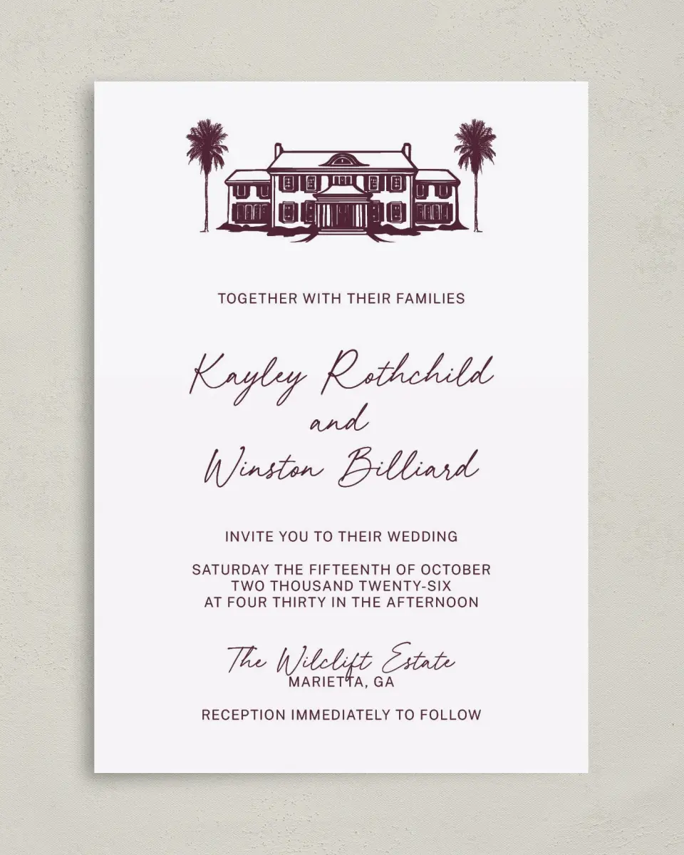 This is a 5" x 7" Classic Wedding Invitation called The Wilclift printed in full color with Rose Gold foil on Luxe Satin (coated) paper