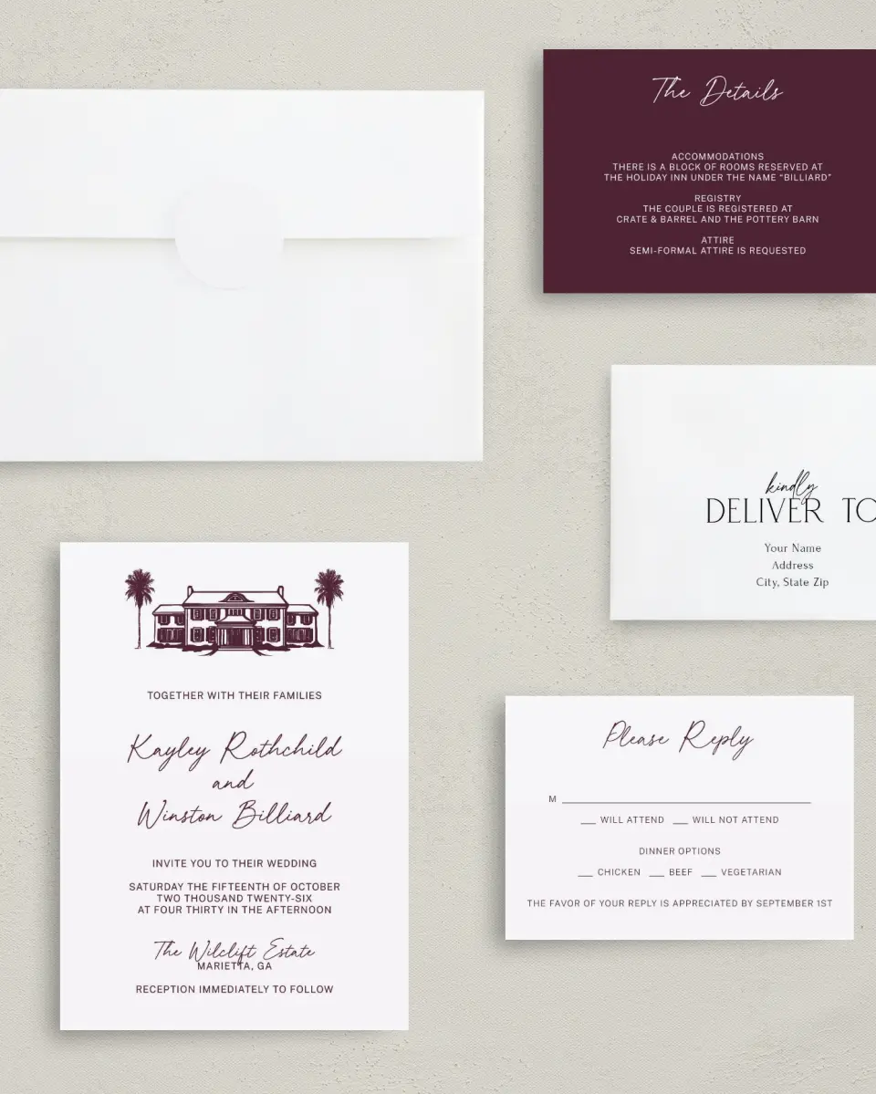 This is a 5" x 7" Classic Wedding Invitation called The Wilclift printed in full color with Rose Gold foil on Luxe Satin (coated) paper