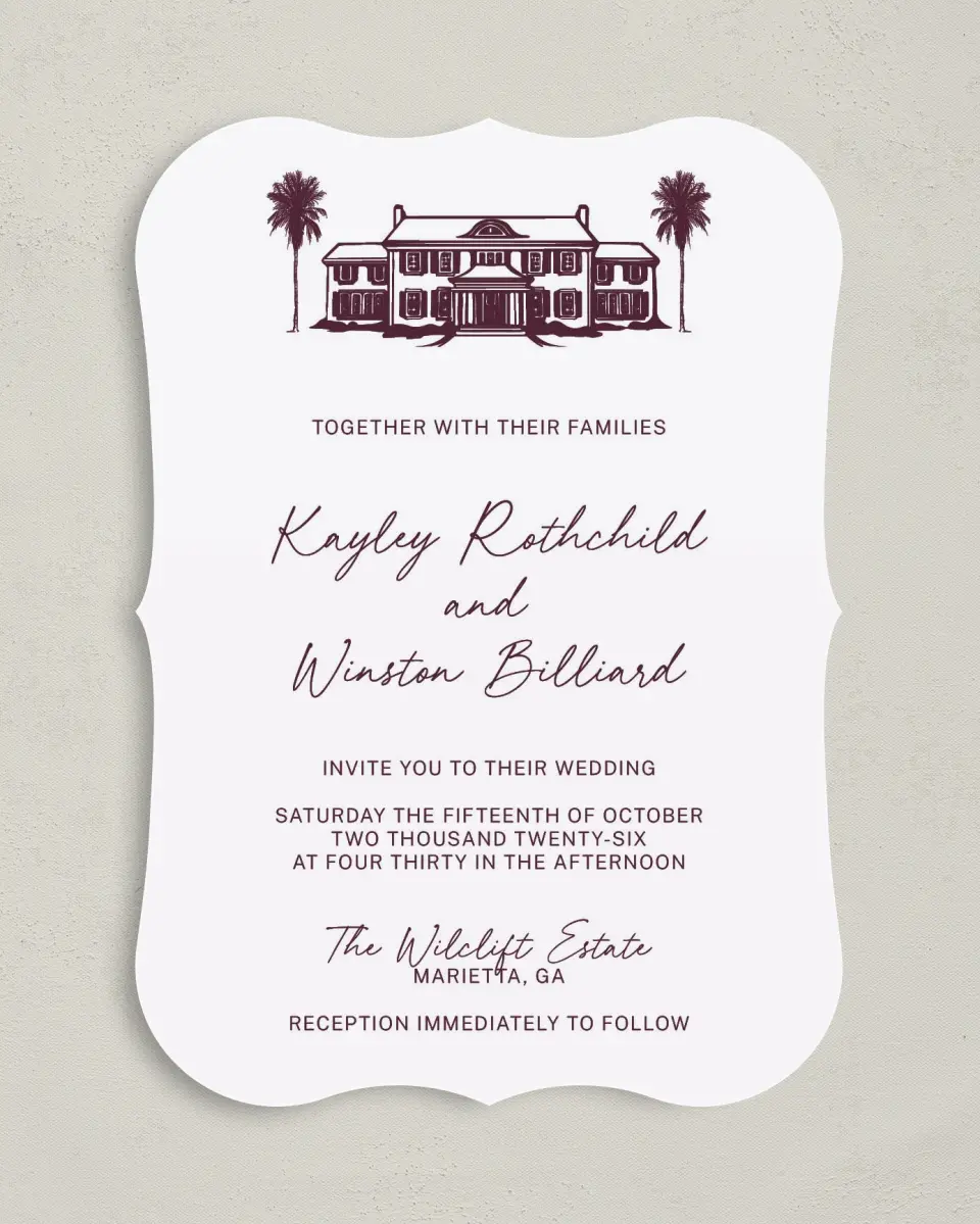 This is a 5" x 7" Bracket Wedding Invitation called The Wilclift printed in full color with Silver foil on Luxe Satin (coated) paper