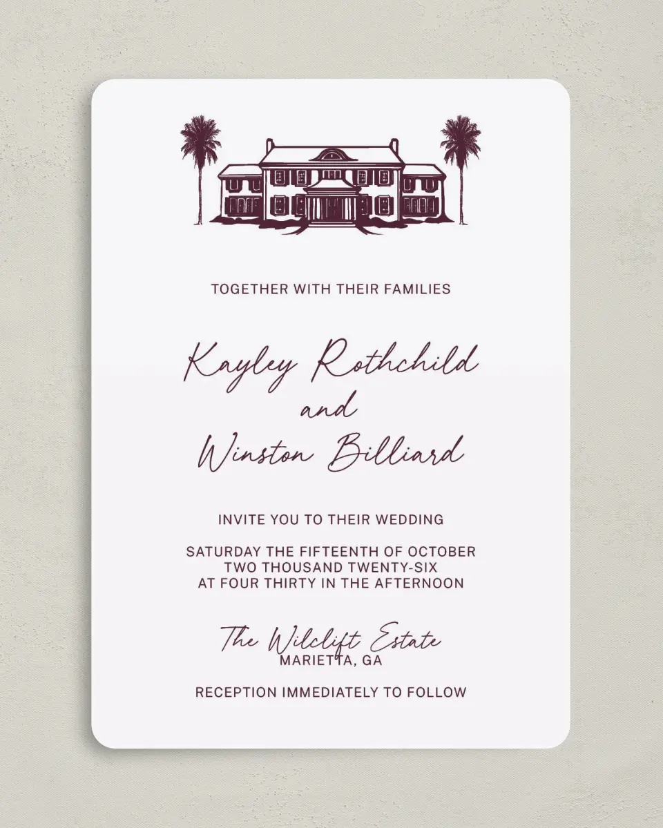 This is a 5" x 7" Rounded Wedding Invitation called The Wilclift printed in full color on Premium Smooth paper
