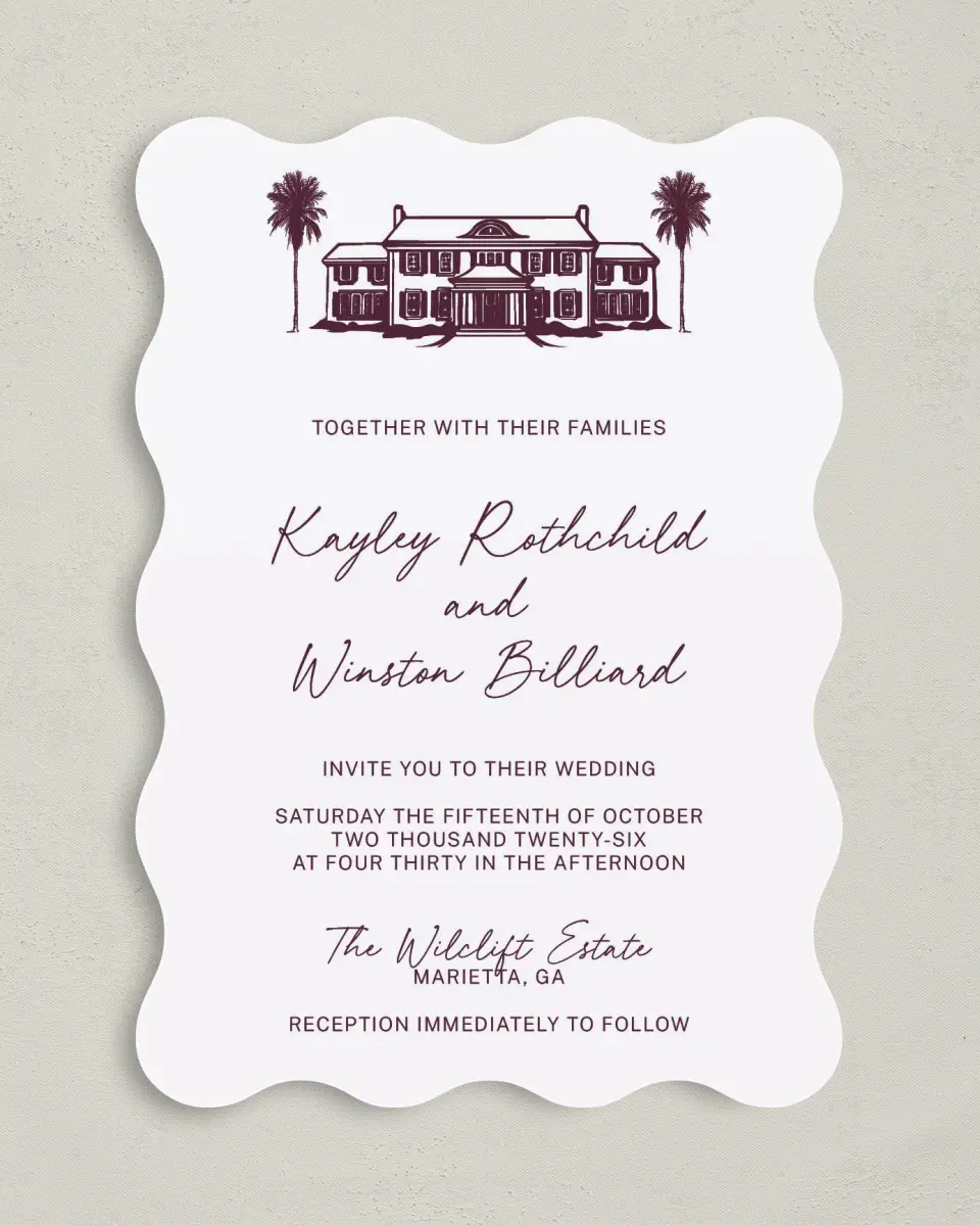 This is a 5" x 7" Wavy Wedding Invitation called The Wilclift printed in full color on Premium Smooth paper