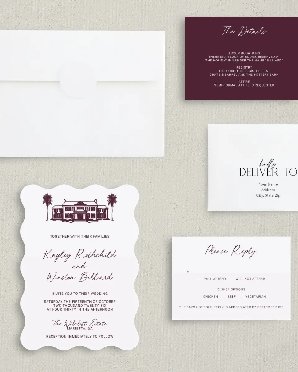 This is a 5" x 7" Wavy Wedding Invitation called The Wilclift printed in full color with Silver foil on Luxe Satin (coated) paper