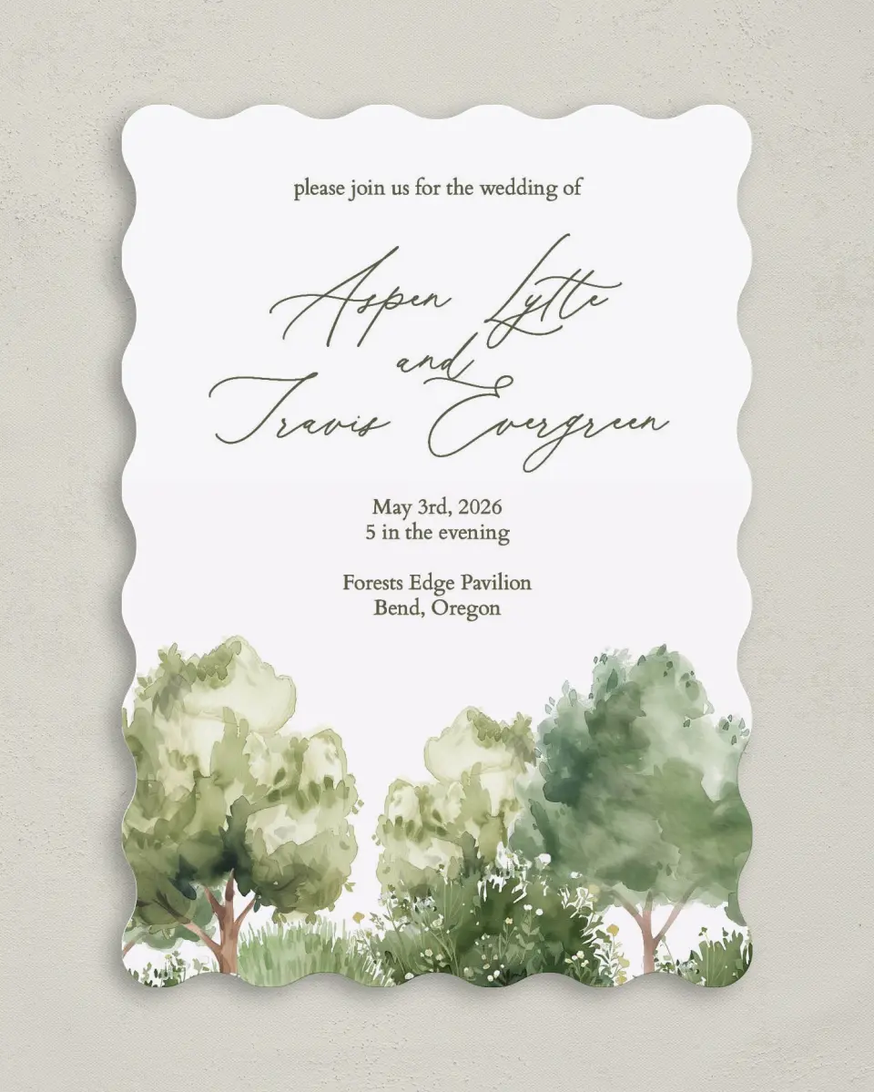 This is a 5" x 7" Wavy Wedding Invitation called Willowmere printed in full color on Premium Smooth paper