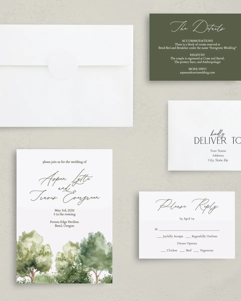 This is a 5" x 7" Classic Wedding Invitation called Willowmere printed in full color with Silver foil on Luxe Satin (coated) paper