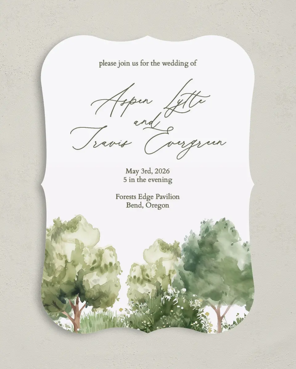 This is a 5" x 7" Bracket Wedding Invitation called Willowmere printed in full color with Silver foil on Luxe Satin (coated) paper