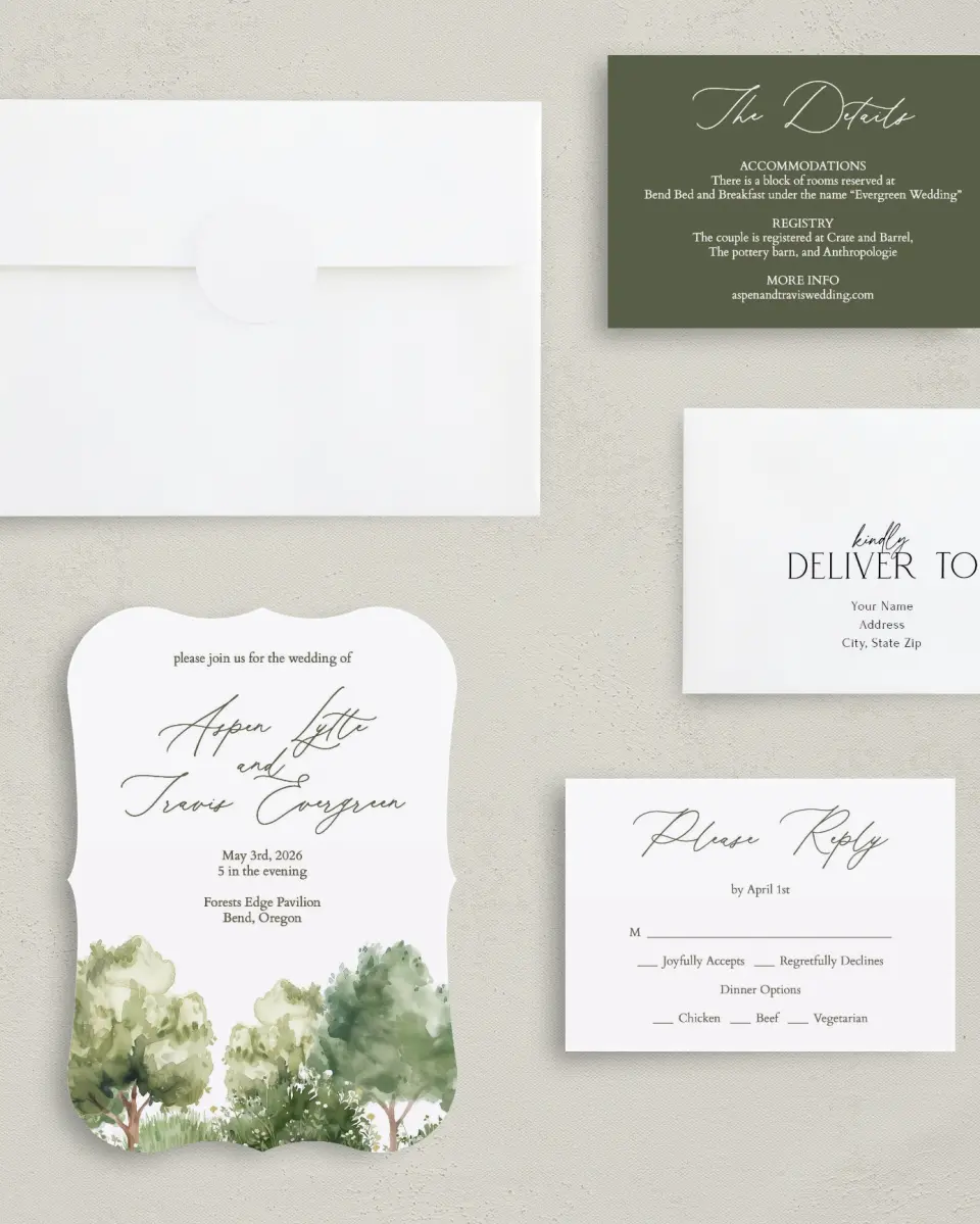 This is a 5" x 7" Bracket Wedding Invitation called Willowmere printed in full color with Silver foil on Luxe Satin (coated) paper