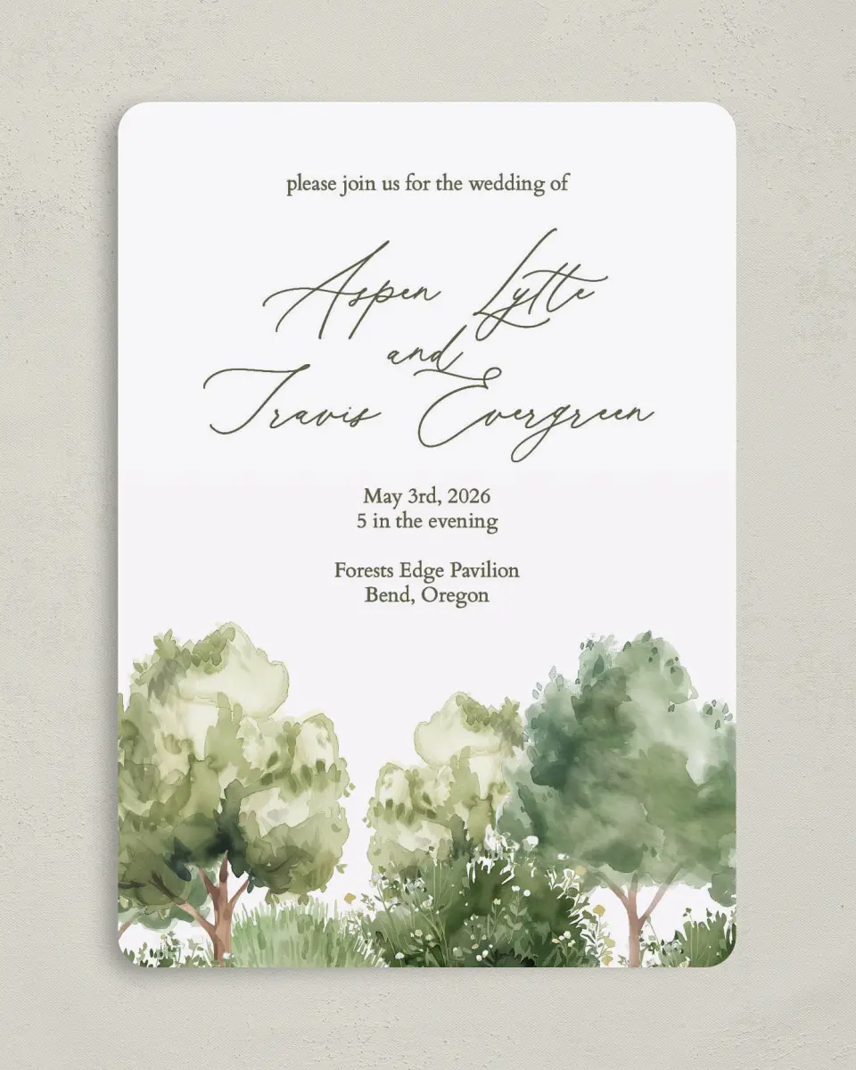 This is a 5" x 7" Rounded Wedding Invitation called Willowmere printed in full color on Premium Smooth paper