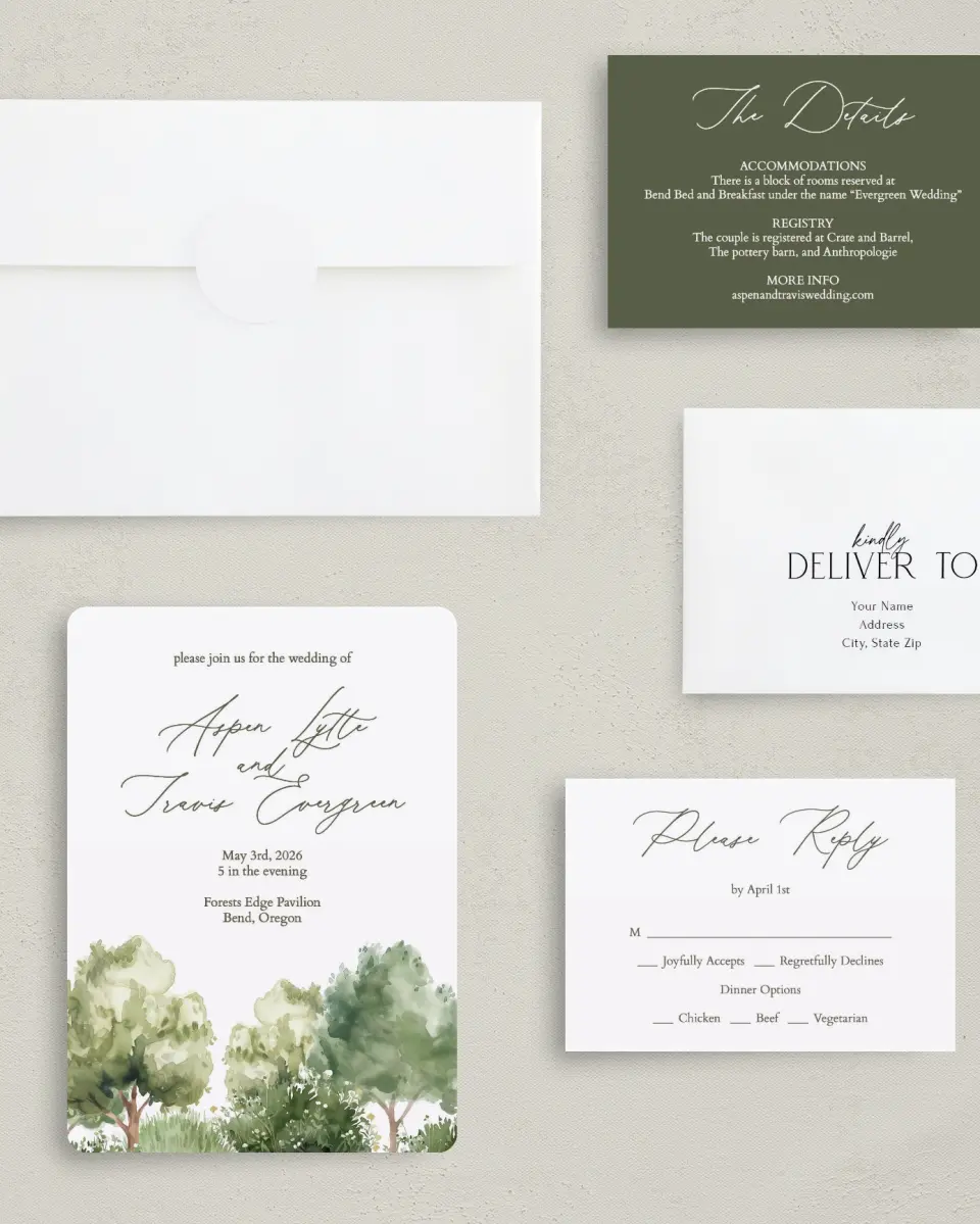 This is a 5" x 7" Rounded Wedding Invitation called Willowmere printed in full color with Silver foil on Luxe Satin (coated) paper