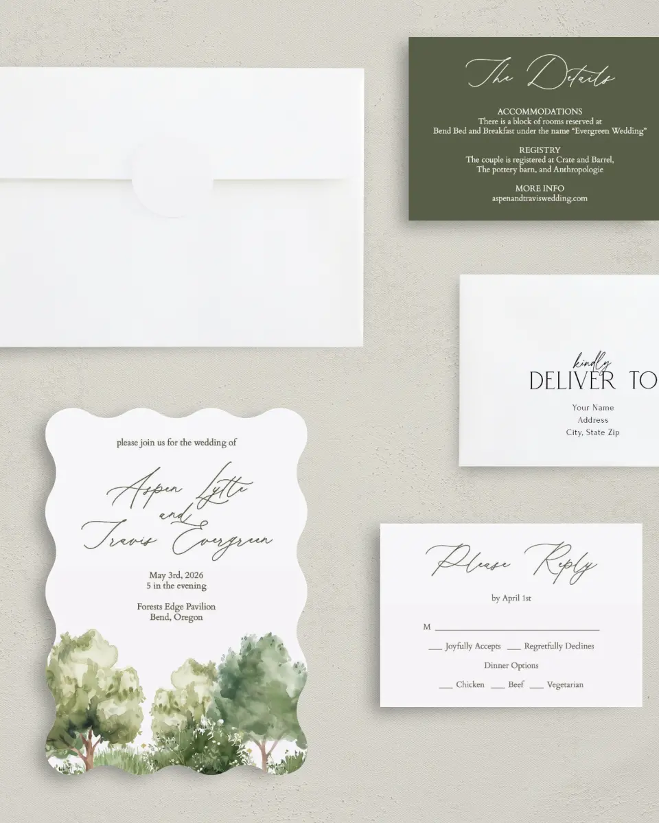 This is a 5" x 7" Wavy Wedding Invitation called Willowmere printed in full color with Gold foil on Luxe Satin (coated) paper