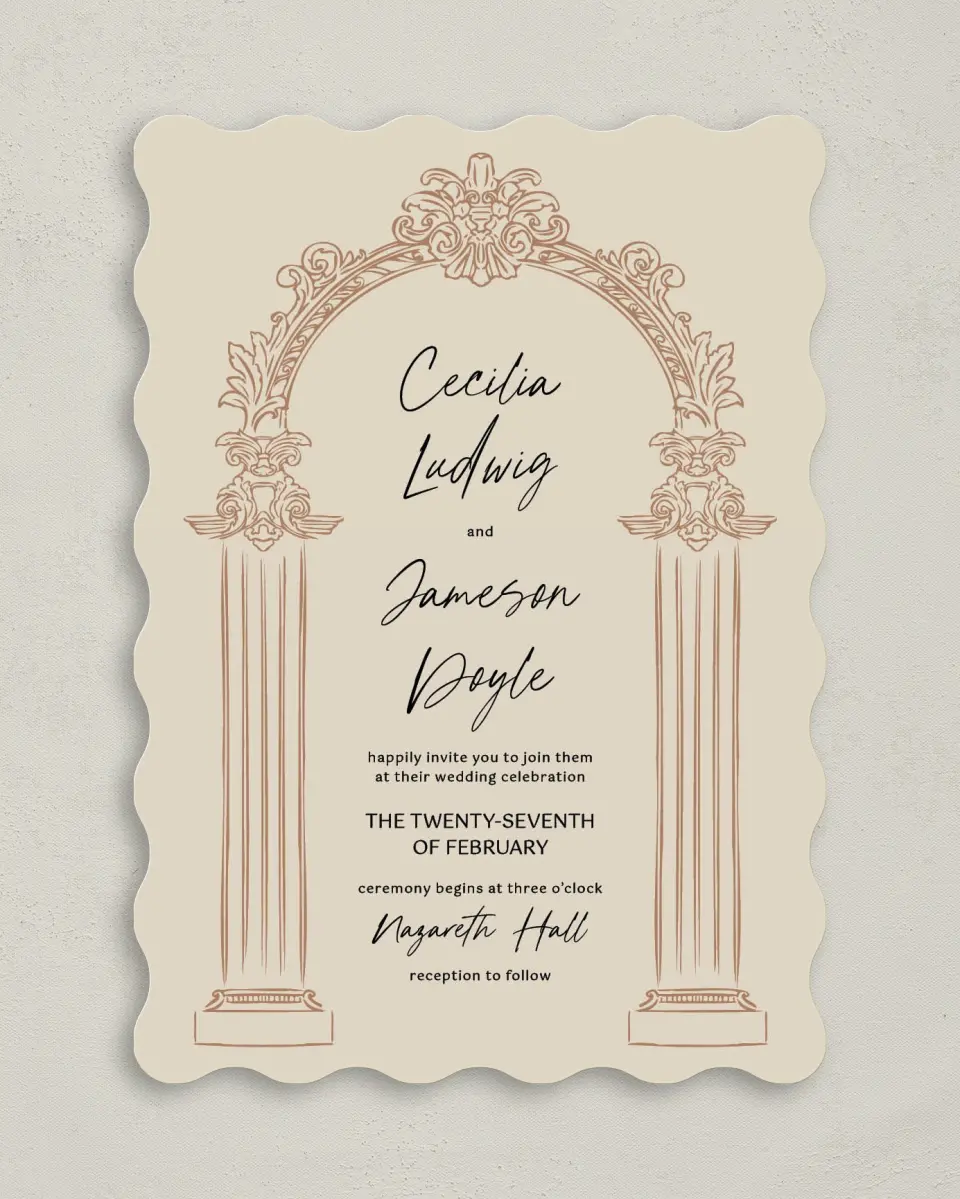 This is a 5" x 7" Wavy Wedding Invitation called Nazareth & Stone printed in full color on Premium Smooth paper
