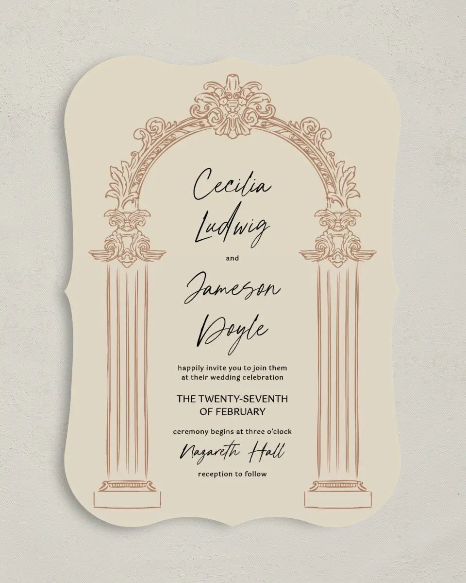 This is a 5" x 7" Bracket Wedding Invitation called Nazareth & Stone printed in full color with Silver foil on Luxe Satin (coated) paper