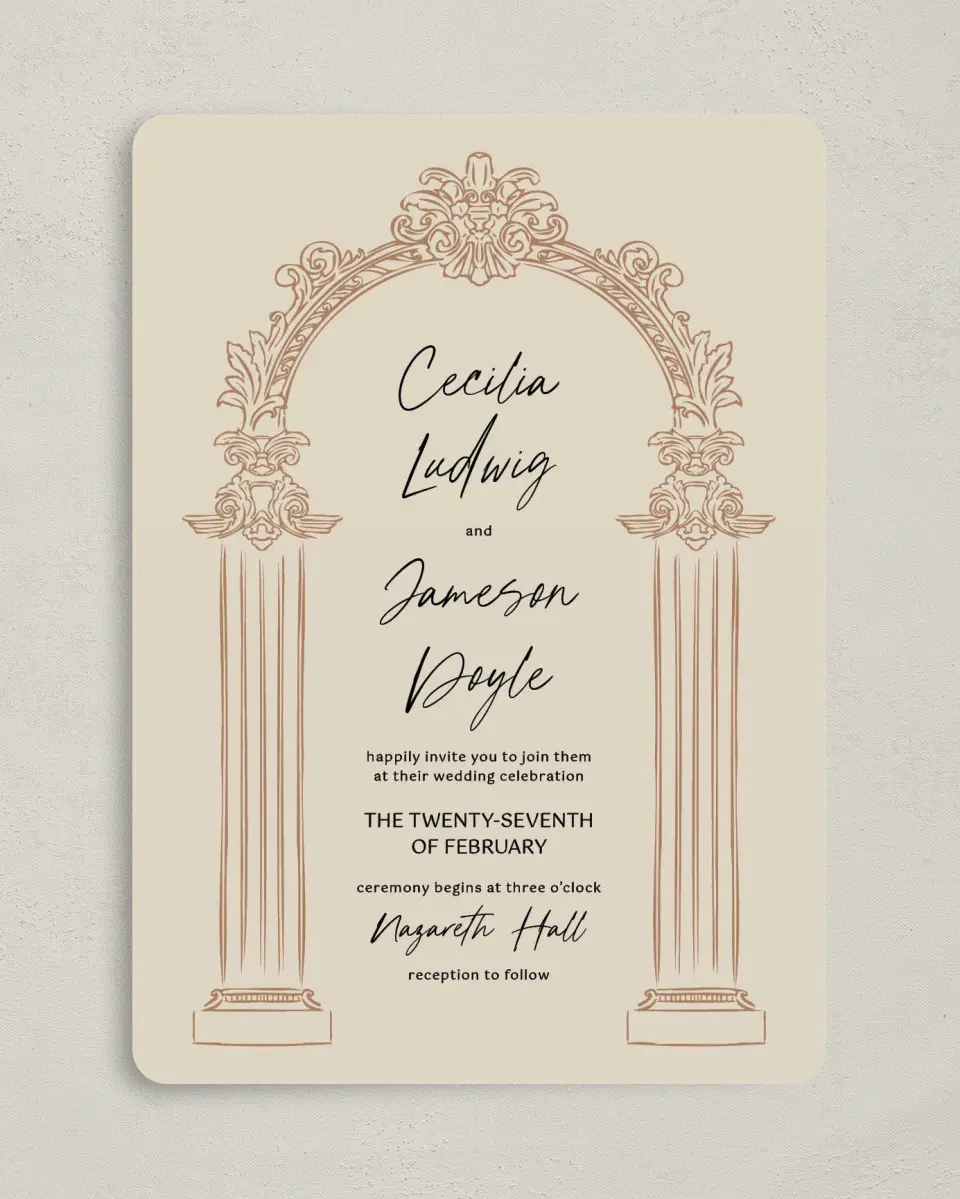 This is a 5" x 7" Rounded Wedding Invitation called Nazareth & Stone printed in full color on Premium Smooth paper