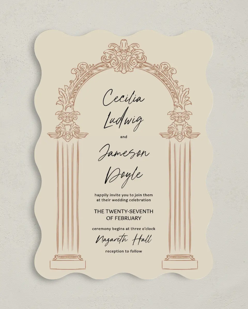 This is a 5" x 7" Wavy Wedding Invitation called Nazareth & Stone printed in full color on Premium Smooth paper