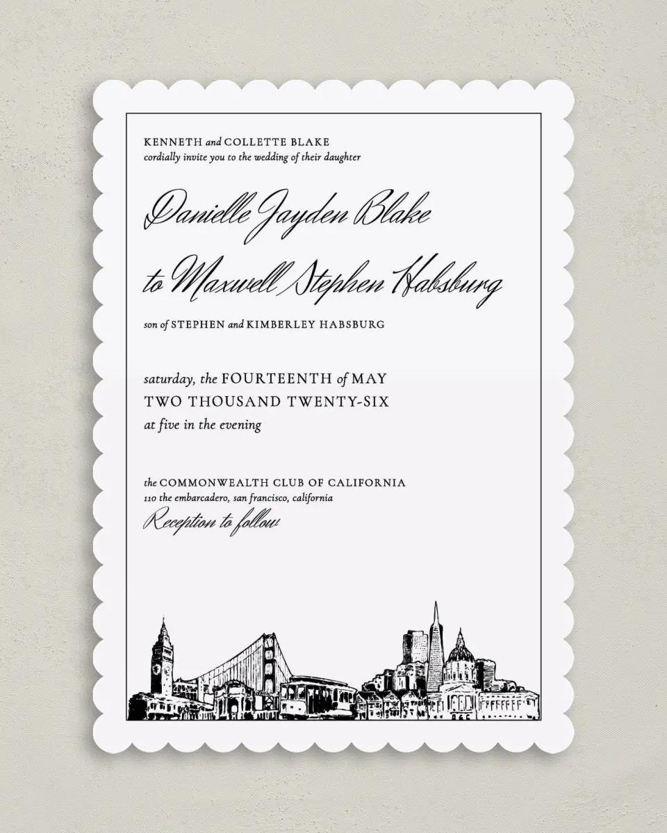 This is a 5" x 7" Classic Wedding Invitation called Commonwealth Club printed in full color on Premium Smooth paper