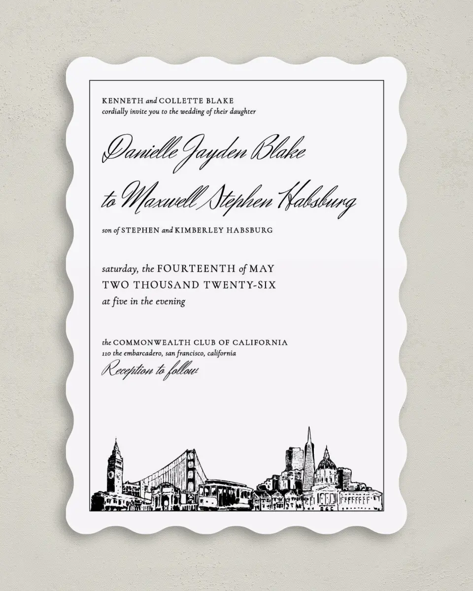 This is a 5" x 7" Wavy Wedding Invitation called Commonwealth Club printed in full color on Premium Smooth paper