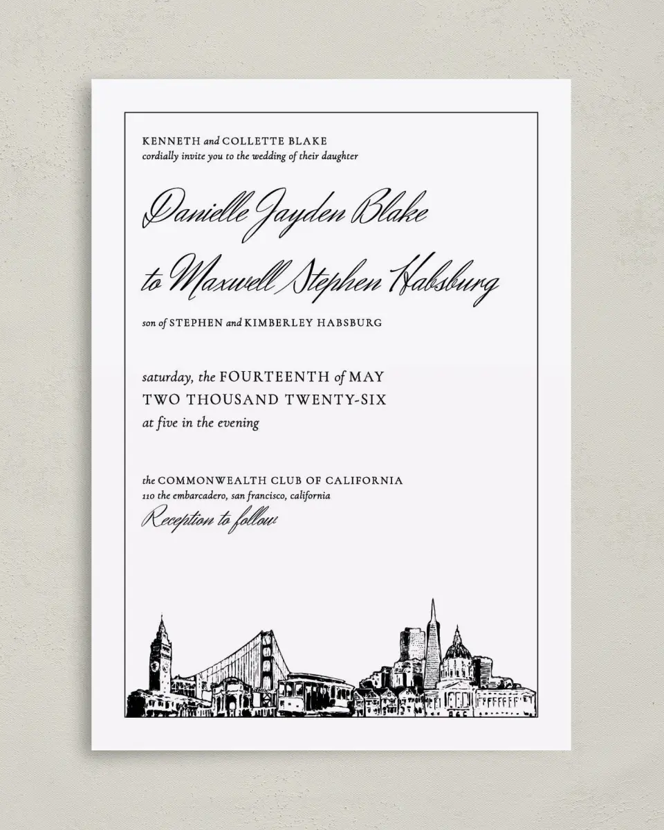 This is a 5" x 7" Classic Wedding Invitation called Commonwealth Club printed in full color on Premium Smooth paper