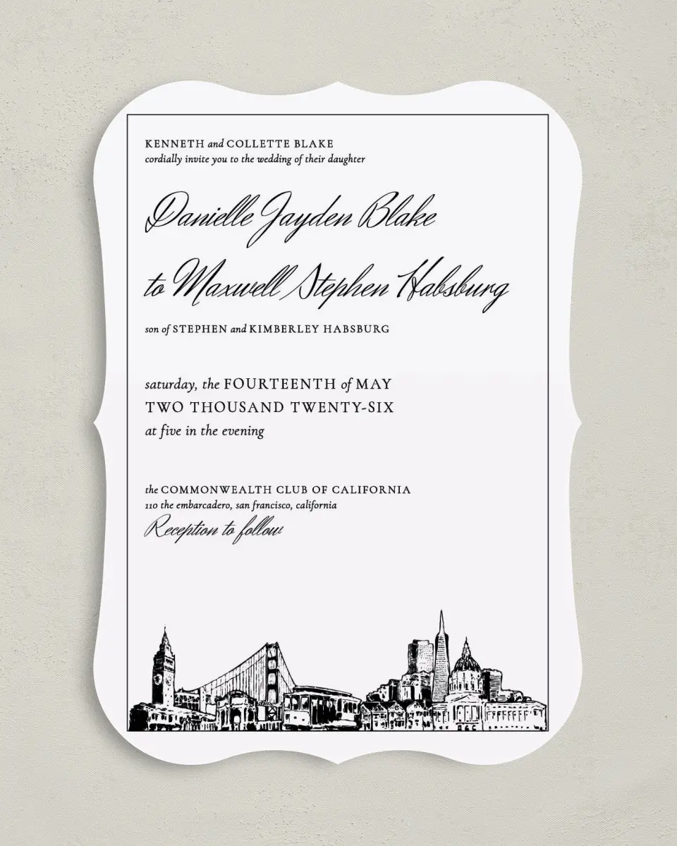 This is a 5" x 7" Bracket Wedding Invitation called Commonwealth Club printed in full color with Silver foil on Luxe Satin (coated) paper