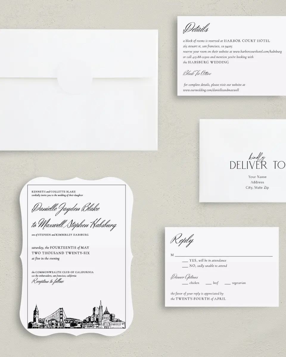 This is a 5" x 7" Bracket Wedding Invitation called Commonwealth Club printed in full color with Silver foil on Luxe Satin (coated) paper
