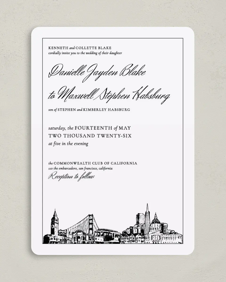 This is a 5" x 7" Rounded Wedding Invitation called Commonwealth Club printed in full color on Premium Smooth paper