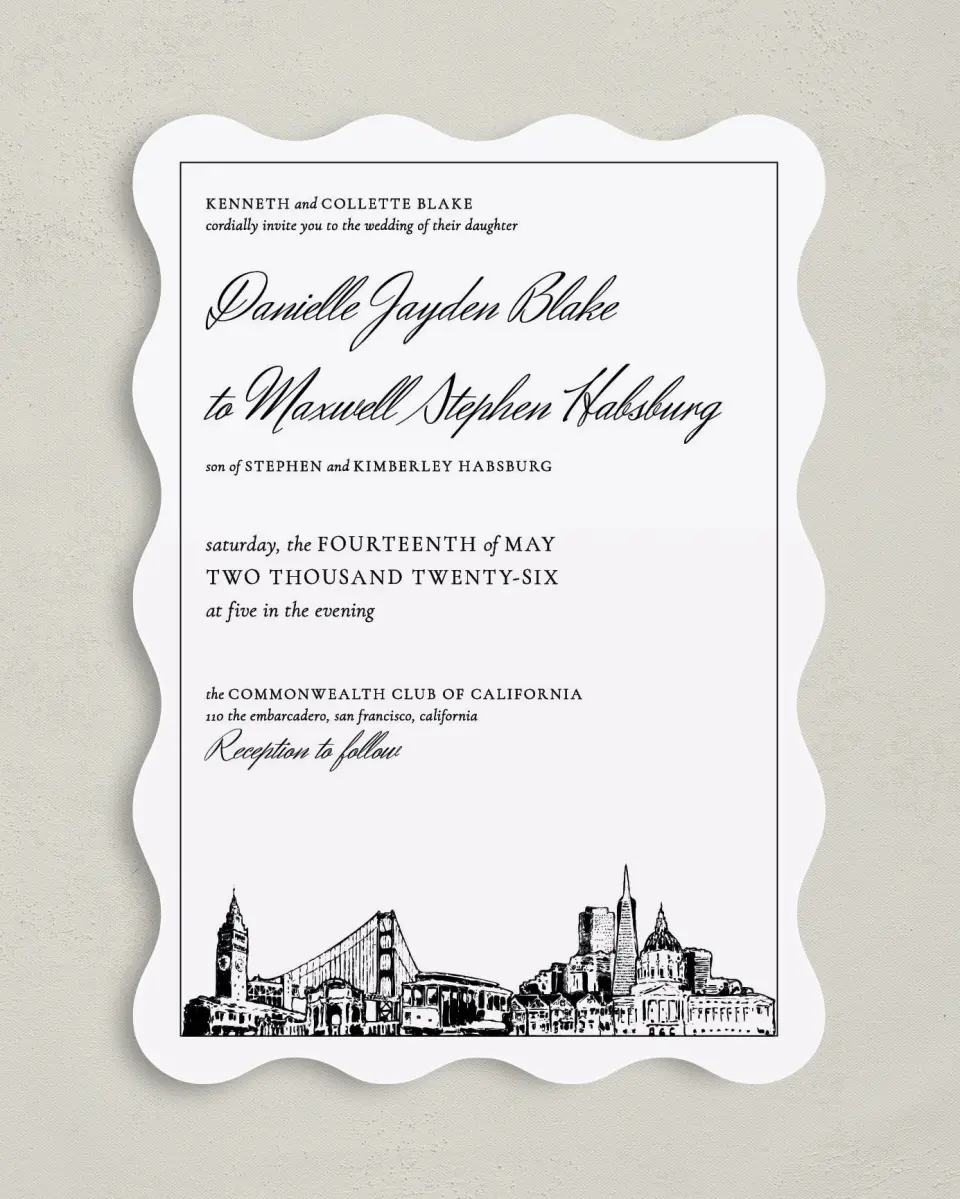 This is a 5" x 7" Wavy Wedding Invitation called Commonwealth Club printed in full color on Premium Smooth paper