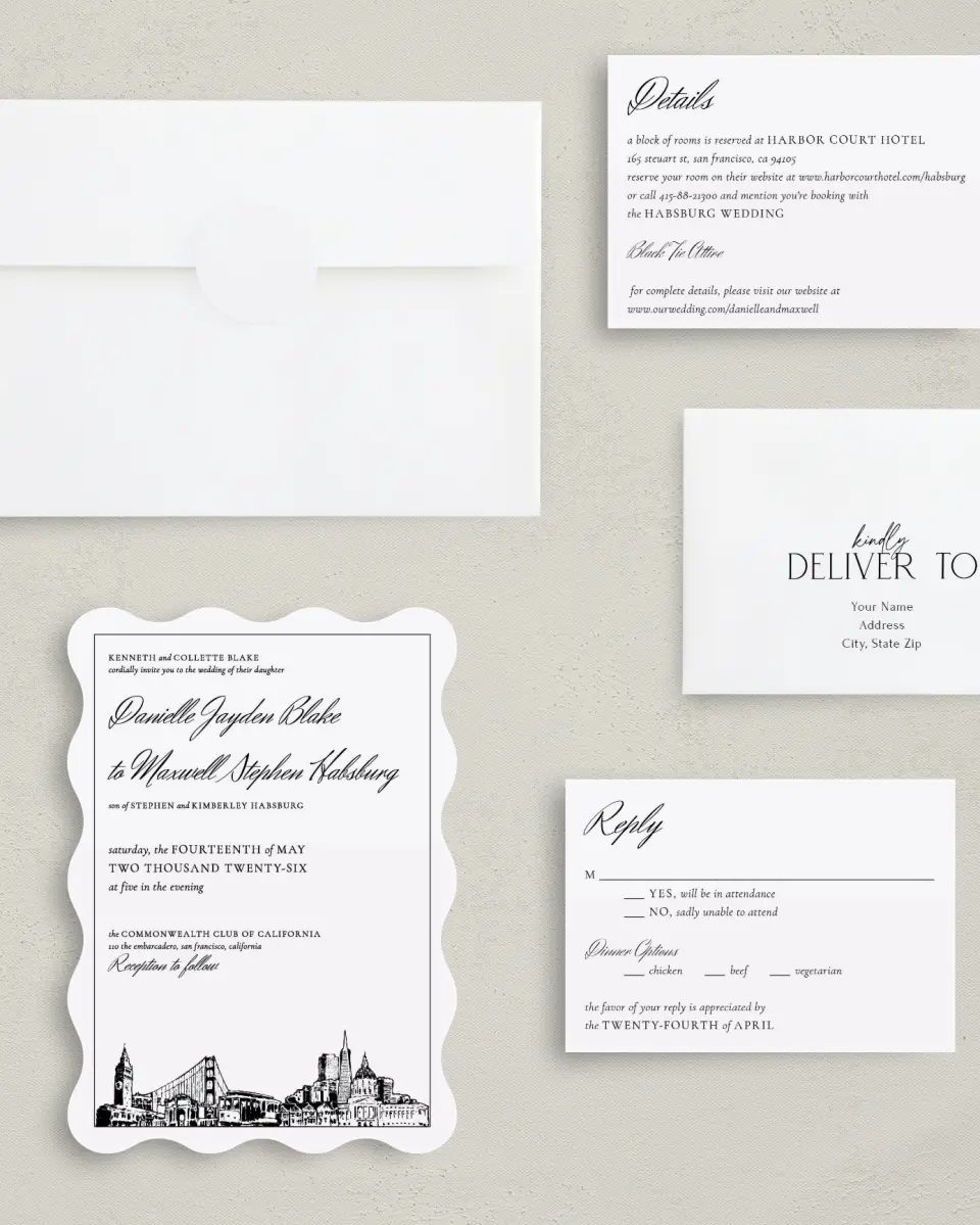 This is a 5" x 7" Wavy Wedding Invitation called Commonwealth Club printed in full color with Silver foil on Luxe Satin (coated) paper