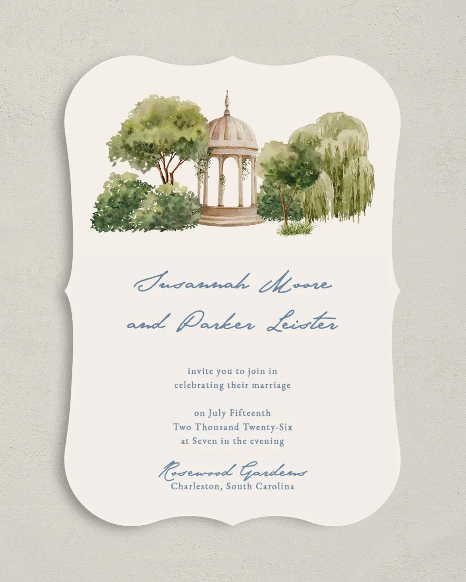 This is a 5" x 7" Bracket Wedding Invitation called Rosewood printed in full color with Silver foil on Luxe Satin (coated) paper