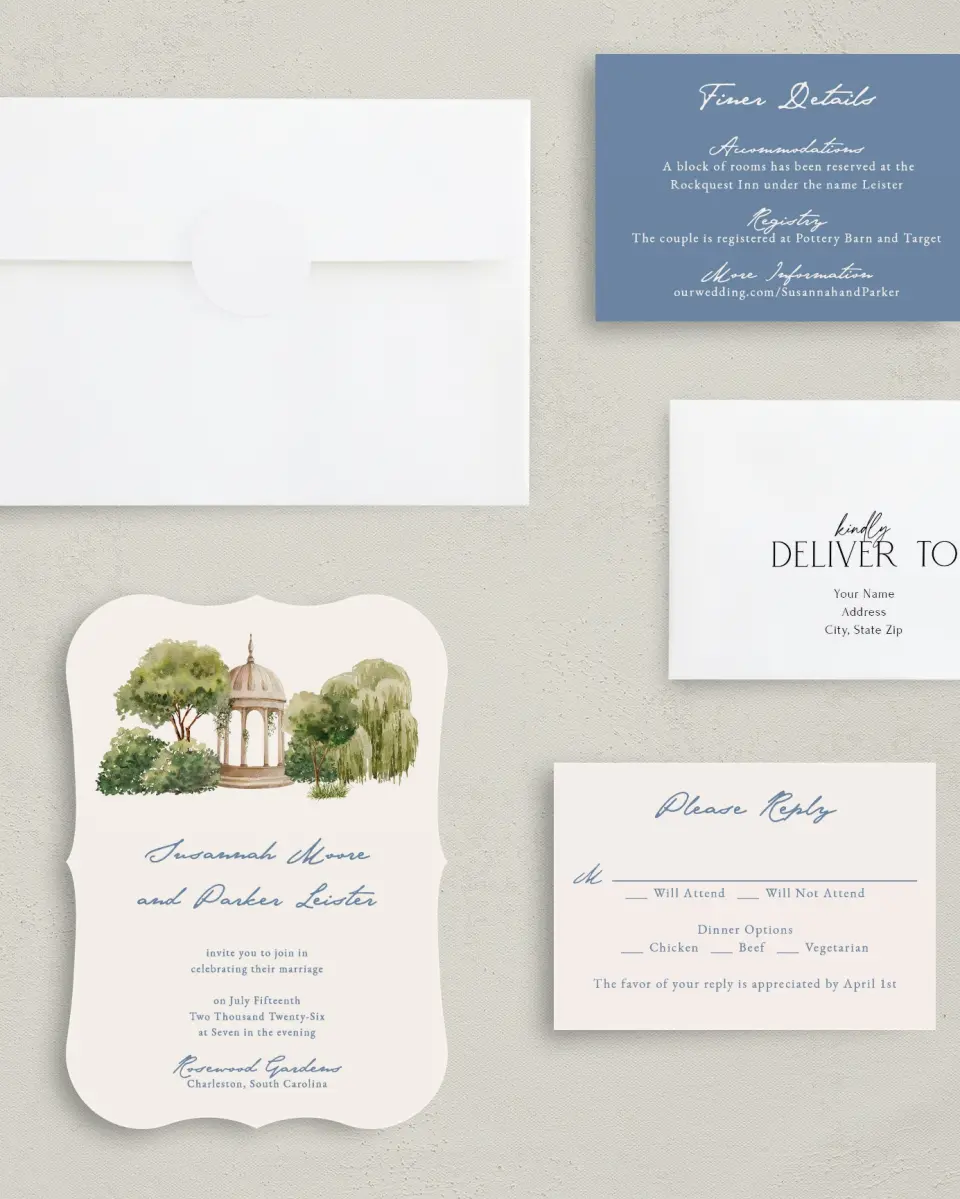 This is a 5" x 7" Bracket Wedding Invitation called Rosewood printed in full color with Silver foil on Luxe Satin (coated) paper