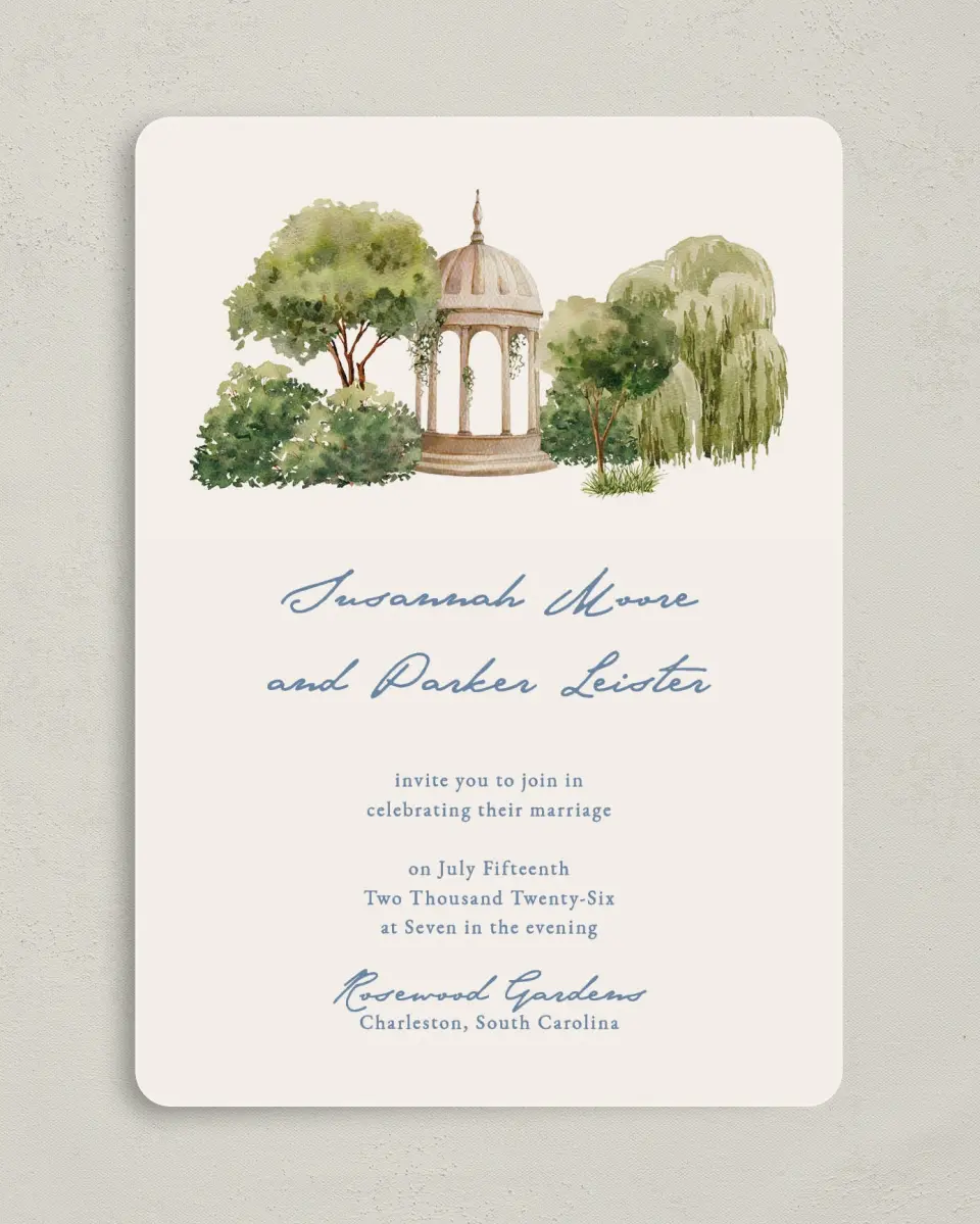 This is a 5" x 7" Rounded Wedding Invitation called Rosewood printed in full color with Rose Gold foil on Luxe Satin (coated) paper