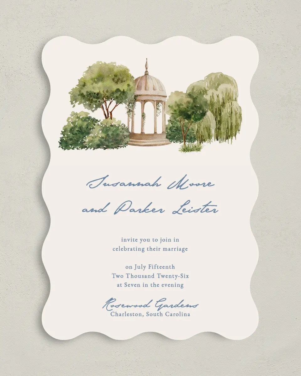 This is a 5" x 7" Wavy Wedding Invitation called Rosewood printed in full color on Premium Smooth paper