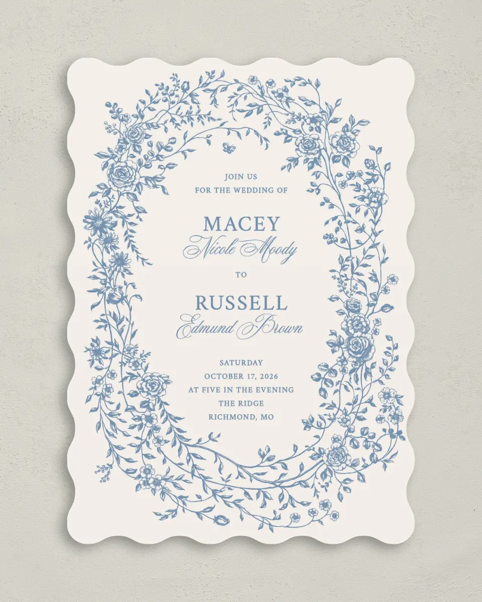 This is a 5" x 7" Wavy Wedding Invitation called Vintage Reverie printed in full color on Premium Smooth paper