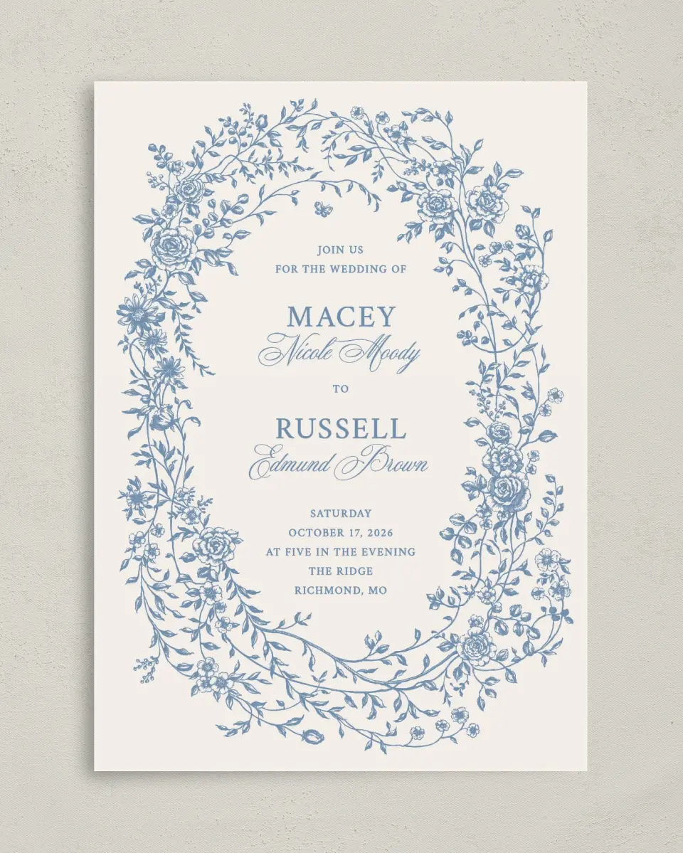 This is a 5" x 7" Classic Wedding Invitation called Vintage Reverie printed in full color on Premium Smooth paper