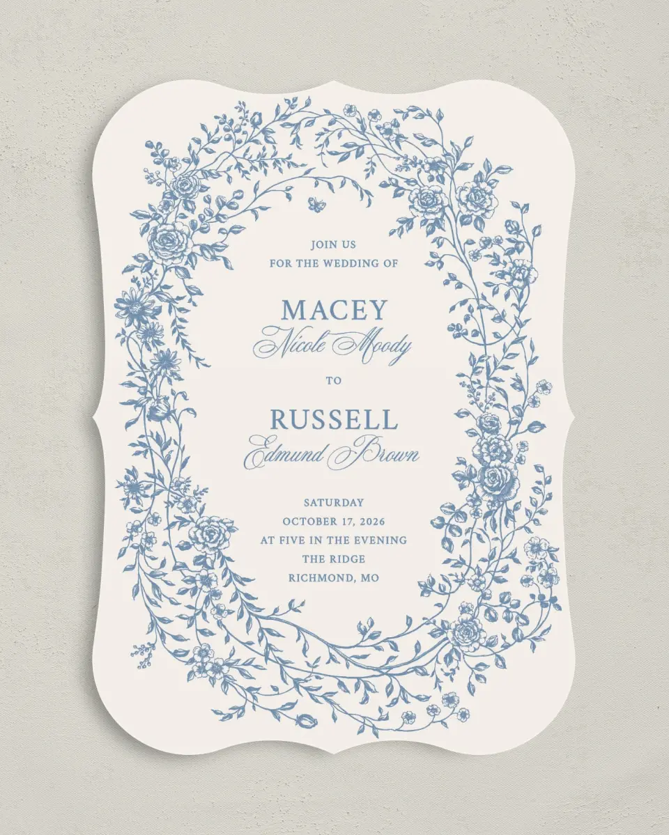 This is a 5" x 7" Bracket Wedding Invitation called Vintage Reverie printed in full color on Premium Smooth paper