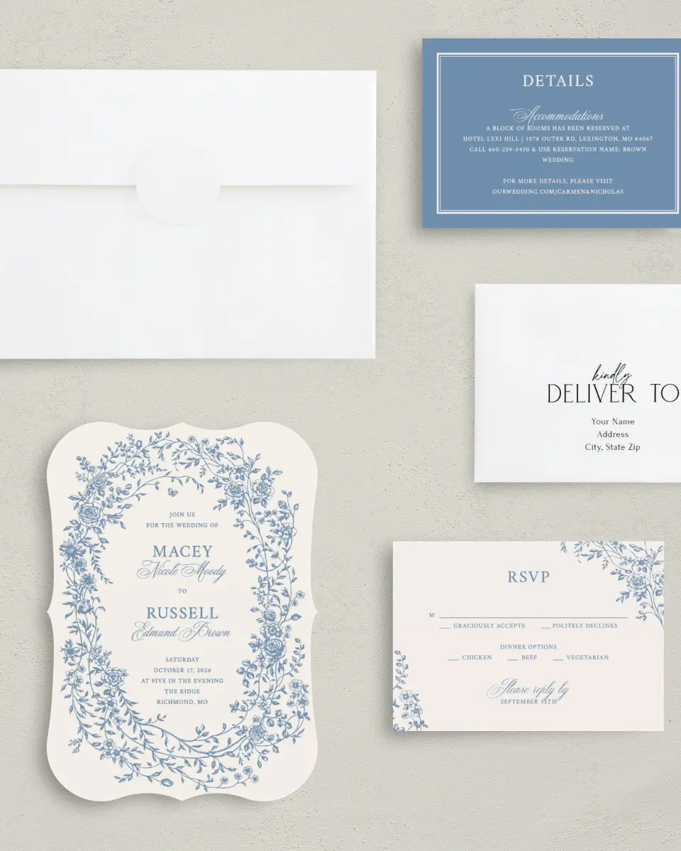This is a 5" x 7" Bracket Wedding Invitation called Vintage Reverie printed in full color with Silver foil on Luxe Satin (coated) paper