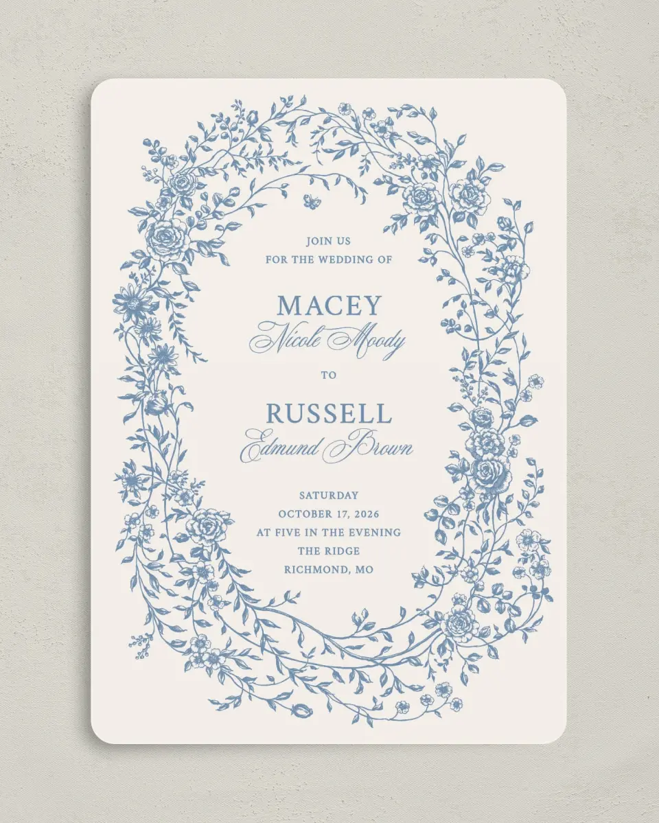 This is a 5" x 7" Rounded Wedding Invitation called Vintage Reverie printed in full color on Premium Smooth paper