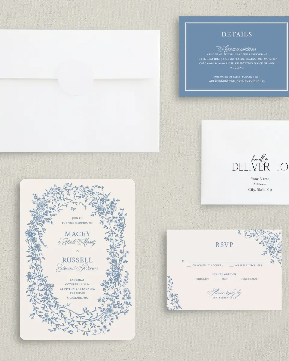 This is a 5" x 7" Rounded Wedding Invitation called Vintage Reverie printed in full color with Silver foil on Luxe Satin (coated) paper