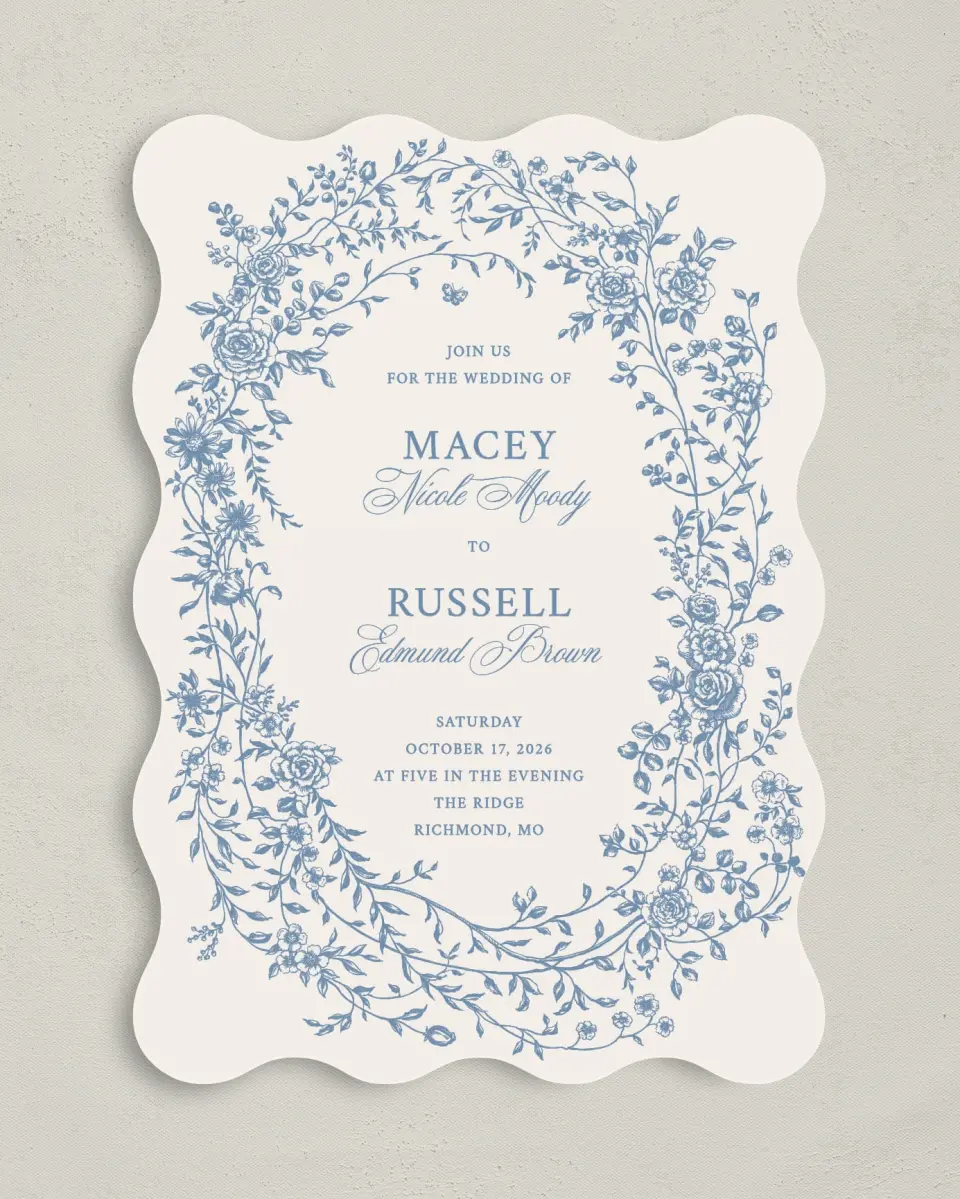 This is a 5" x 7" Wavy Wedding Invitation called Vintage Reverie printed in full color with Silver foil on Luxe Satin (coated) paper