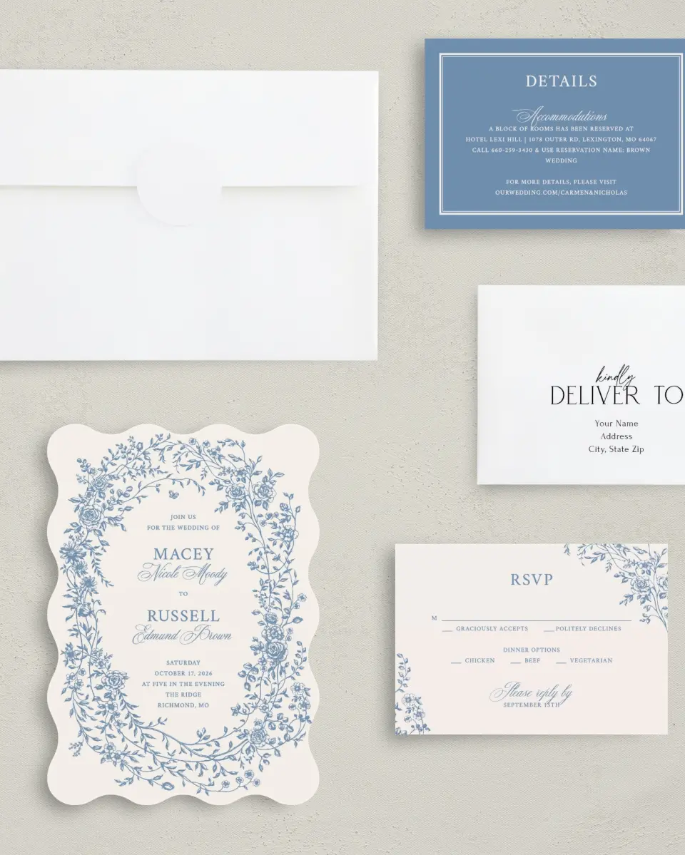 This is a 5" x 7" Wavy Wedding Invitation called Vintage Reverie printed in full color with Silver foil on Luxe Satin (coated) paper