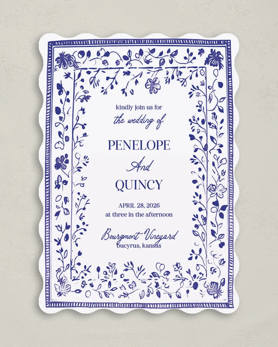 This is a 5" x 7" Wavy Wedding Invitation called Storybook Garden printed in full color on Premium Smooth paper