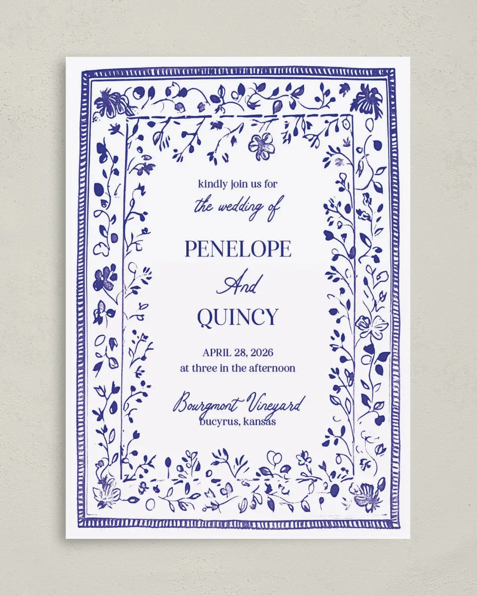 This is a 5" x 7" Classic Wedding Invitation called Storybook Garden printed in full color on Premium Smooth paper