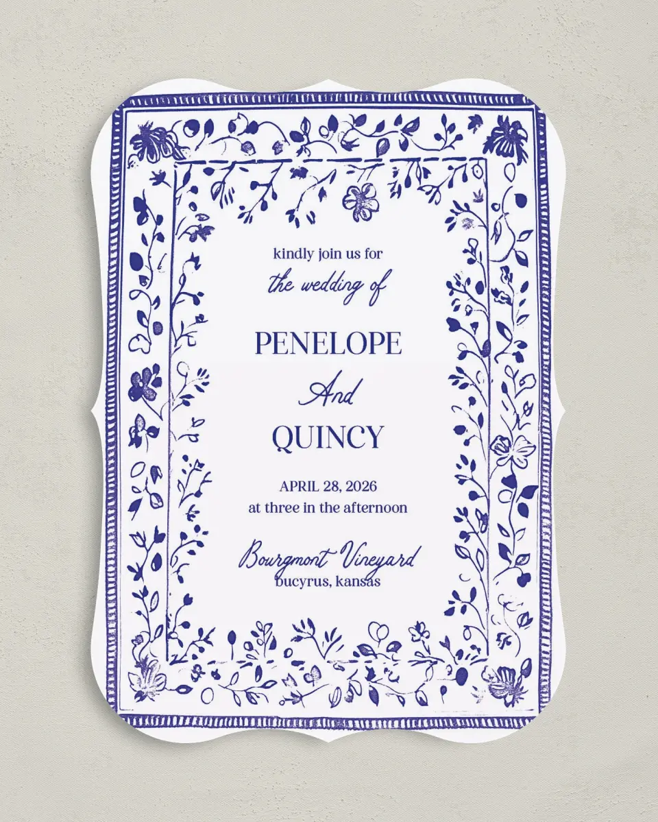 This is a 5" x 7" Bracket Wedding Invitation called Storybook Garden printed in full color with Silver foil on Luxe Satin (coated) paper